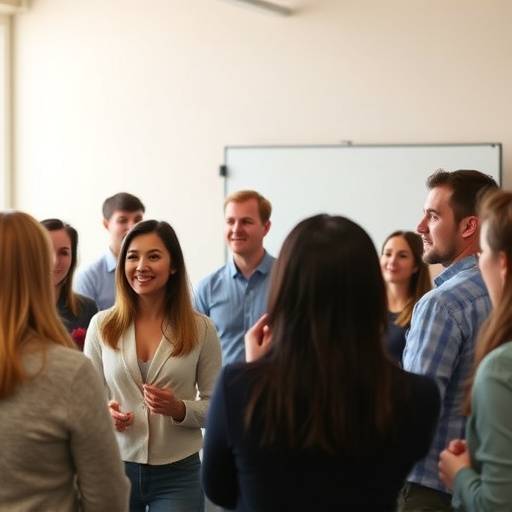 Imagen de un grupo diverso de personas participando activamente en un taller de oratoria, mostrando entusiasmo y colaboración.
