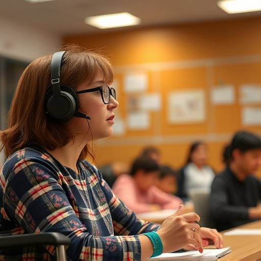 Imagen de una persona con discapacidad visual participando en un curso de oratoria, enfatizando la inclusión y la accesibilidad.