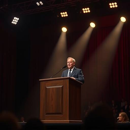 Imagen que representa videos de oratoria. Persona hablando en un escenario iluminado, capturada en video.